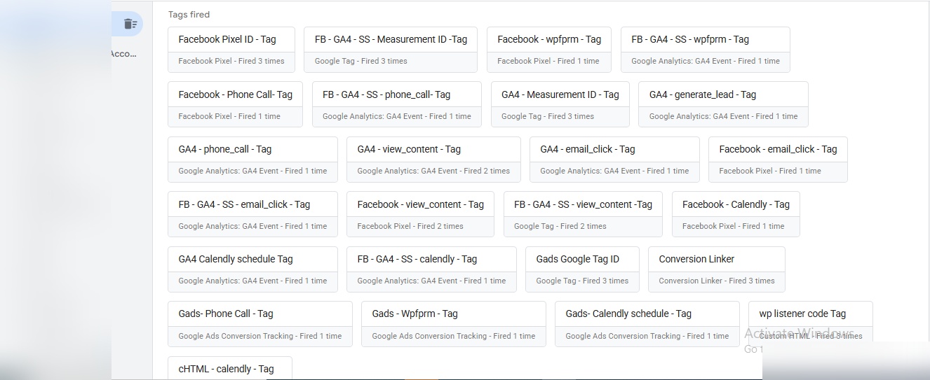 gtm debug view – ga4, meta pixel & google ads tags fired